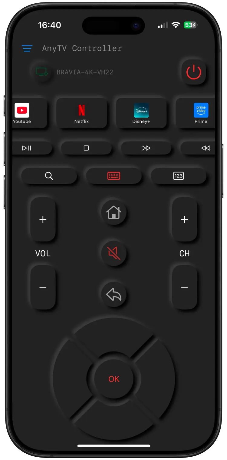 AnyTV Controller remote interface for Android TV and Google TV.